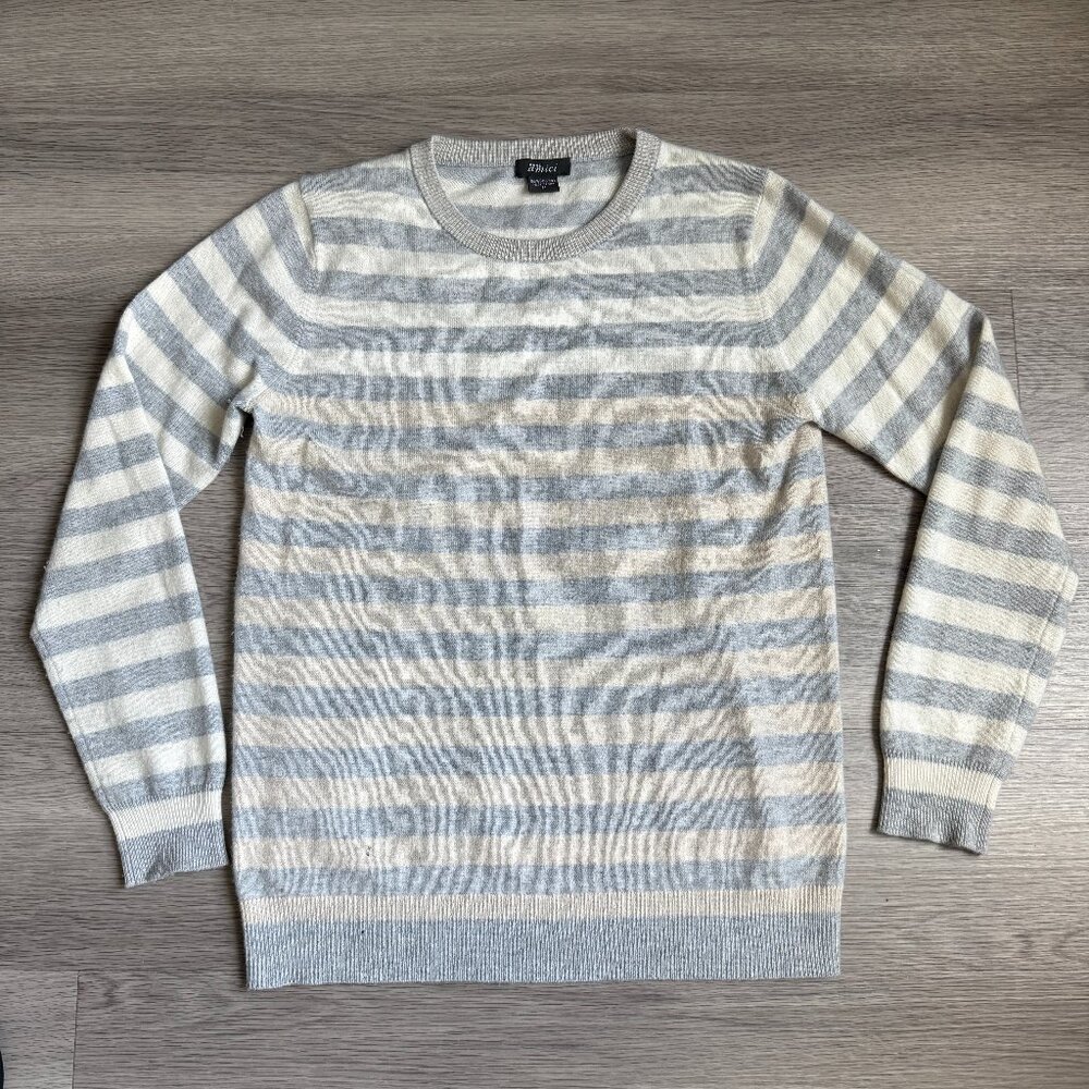 Pure Amici Women's 100% Cashmere Sweater Ivory & Gray Stripe Crew Neck Size M